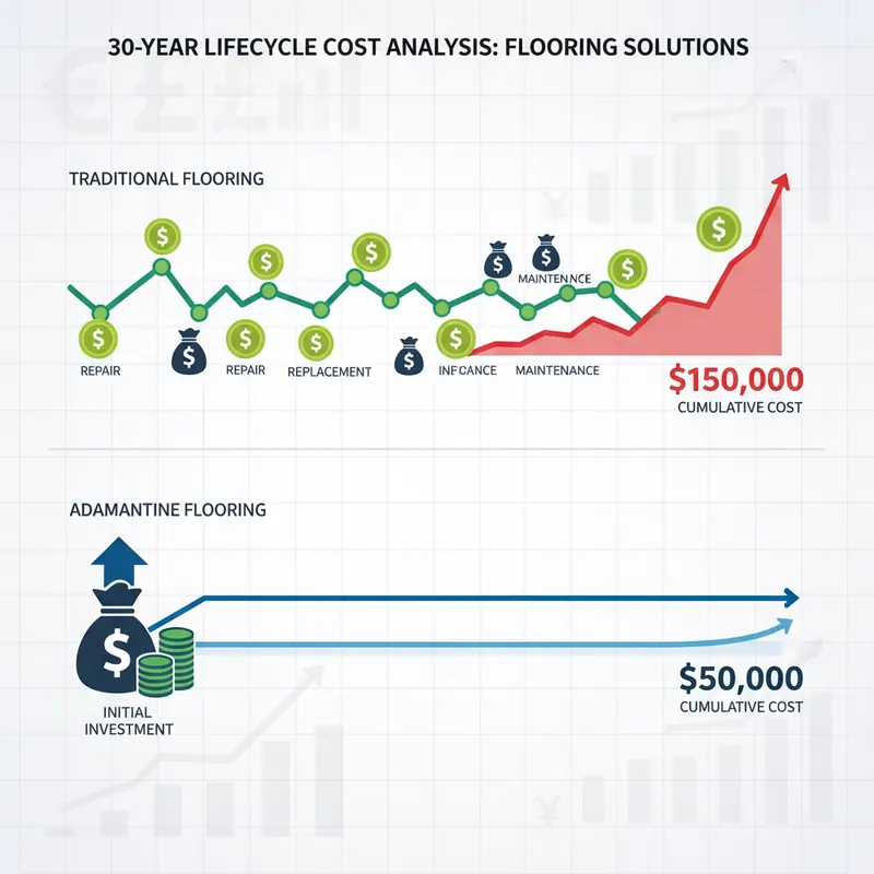 A visual representation of a 30-year lifecycle cost analysis. Two parallel paths or timelines extending into the distance. The 'Traditional Flooring' path is jagged, with frequent stops where money bags are being spent on repairs, replacements, and maintenance, showing a cumulative higher cost. The 'Adamantine Flooring' path is smooth, straight, with a single, larger investment at the beginning, leading to a stable, long-lasting structure, symbolizing lower overall cost over 30 years.