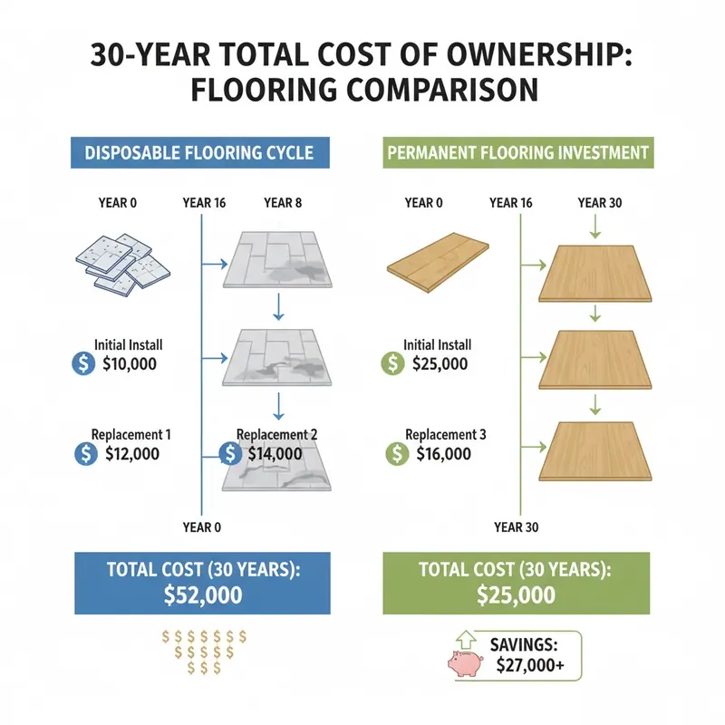 A comparative infographic illustrating the 30-year Total Cost of Ownership (TCO) for two flooring approaches. Left side: 'Disposable Flooring Cycle' showing a timeline over 30 years with a cheap floor being installed, degrading quickly, and being replaced 3-4 times, with accumulating cost icons (e.g., small dollar signs multiplying). Right side: 'Permanent Flooring Investment' showing a timeline over 30 years with a single, higher-cost permanent floor installation at the beginning, lasting the entire period, with a single large cost icon and subsequent savings/value icons. Style: clear, financial infographic with distinct timelines, dollar signs, and a clean, contrasting color palette for each side.