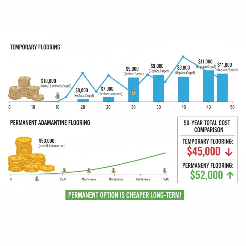 A comparative infographic showing the 50-year lifecycle cost of temporary flooring (multiple, recurring expenses) versus permanent adamantine flooring (higher initial cost, minimal maintenance, lower total cost).