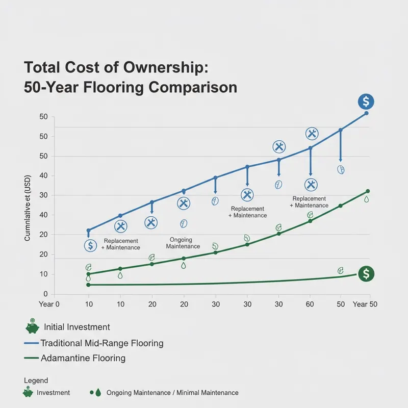 Infographic comparing 50-year Total Cost of Ownership for traditional mid-range flooring (rising cost with replacements) vs. adamantine flooring (higher initial, flat long-term).