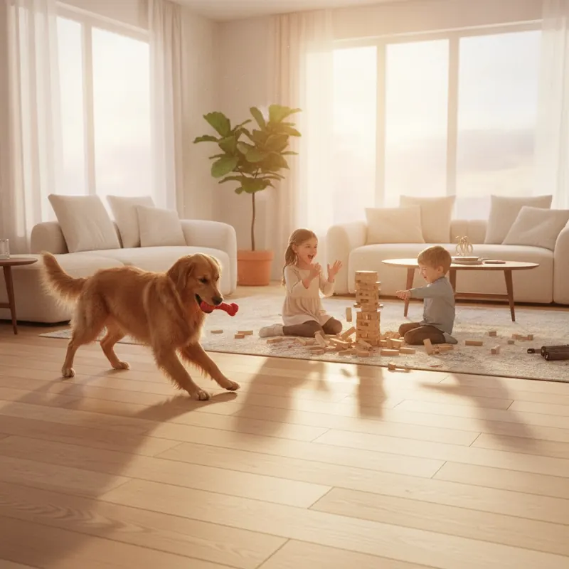 A sunlit living room with a durable floor where a dog and children are playing, showing the floor's resistance to scratches and dents in a busy family environment.