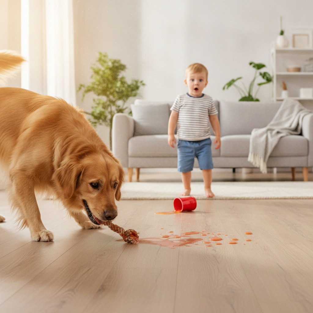 A bright, warm, photorealistic image of a modern living room floor from a low angle. In the foreground, a golden retriever is playfully dropping a toy, while in the background, a toddler has just spilled a cup of juice. The durable luxury vinyl plank floor remains pristine and unscratched, with the juice beading up on the surface, showcasing its resilience. The mood is happy, chaotic, and reassuring.