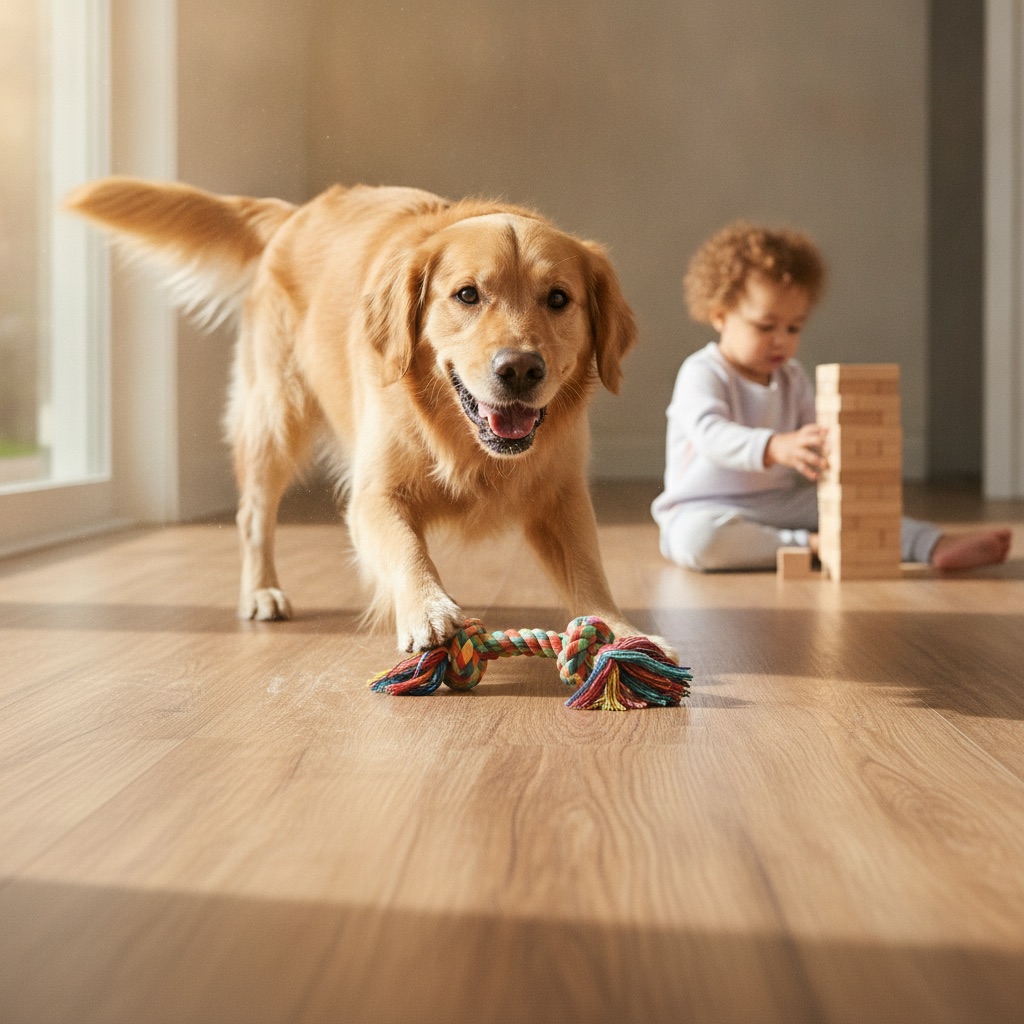 A golden retriever and a toddler playing on a durable LVP floor, which remains pristine and unscratched, demonstrating its resilience in a family setting.
