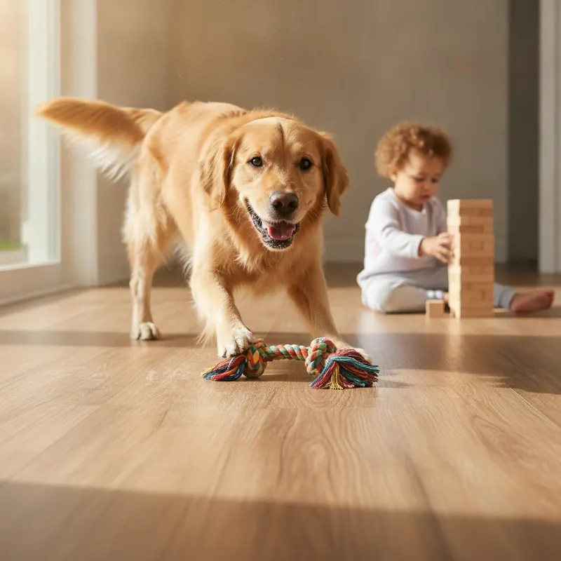 A golden retriever and a toddler playing on a durable LVP floor, which remains pristine and unscratched, demonstrating its resilience in a family setting.