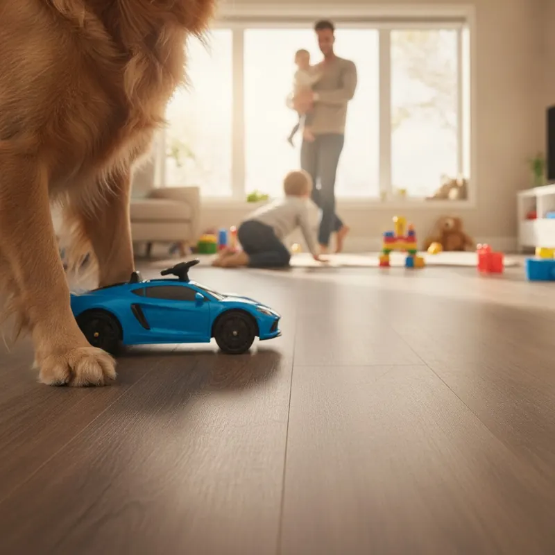 A durable LVP floor in a family home remains pristine despite a dog's paws and a child's toy car on it, showing its resilience.