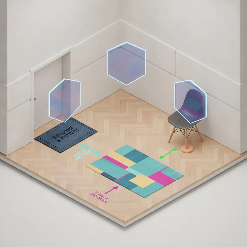 An isometric 3D render of a room's corner, showing a beautiful floor. Floating above the floor are glowing, semi-transparent shields representing different layers of protection. One shield is a doormat at the entrance, another is a felt pad under a chair leg, and a third is an area rug. Arrows point from each protective item to the floor, symbolizing the prevention of damage. Style: clean, modern, slightly futuristic, infographic style, vibrant accent colors.