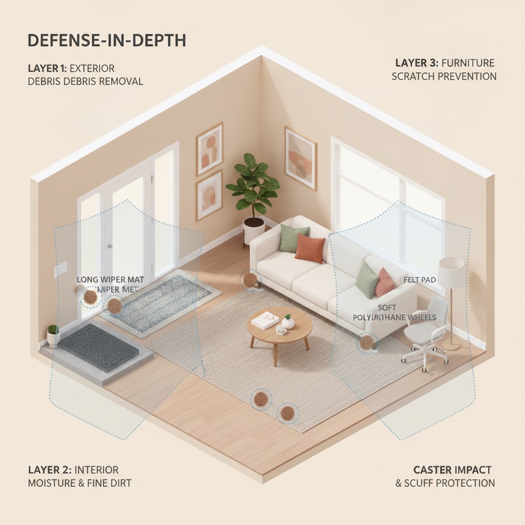An isometric illustration of a home entryway showing a multi-layered floor protection system: a scraper mat outside, a wiper mat inside, felt pads under furniture, and soft wheels on an office chair.