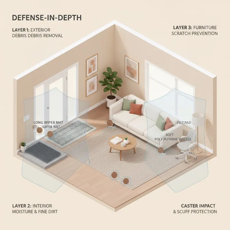 An isometric illustration of a home entryway showing a multi-layered floor protection system: a scraper mat outside, a wiper mat inside, felt pads under furniture, and soft wheels on an office chair.