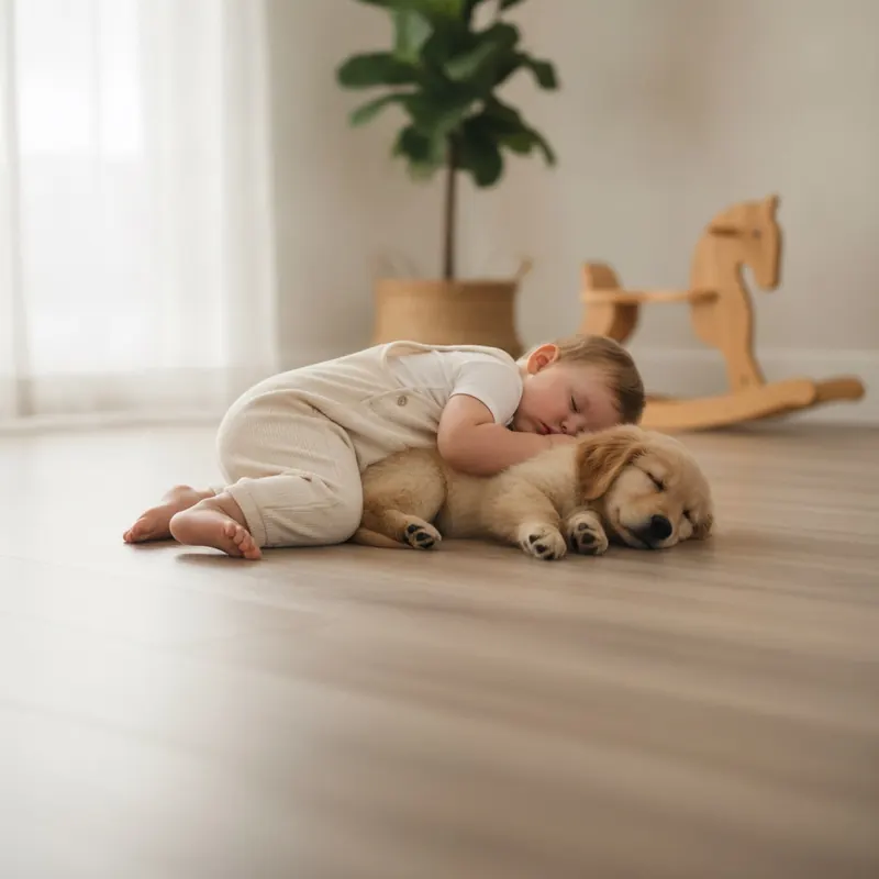 A toddler and a puppy lying comfortably on a safe, modern floor in a sunlit room.