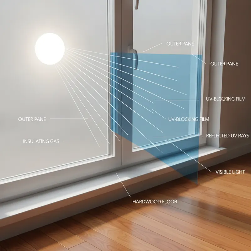 A technical illustration of a window cross-section showing a UV-blocking film layer reflecting harmful UV rays while allowing visible light to pass through onto an undamaged floor.