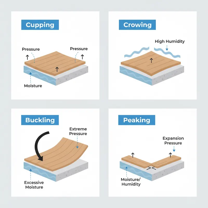 An infographic showing four common flooring problems: Cupping with concave boards, Crowning with convex boards, Buckling with a large lift, and Peaking with a small lift at a seam.