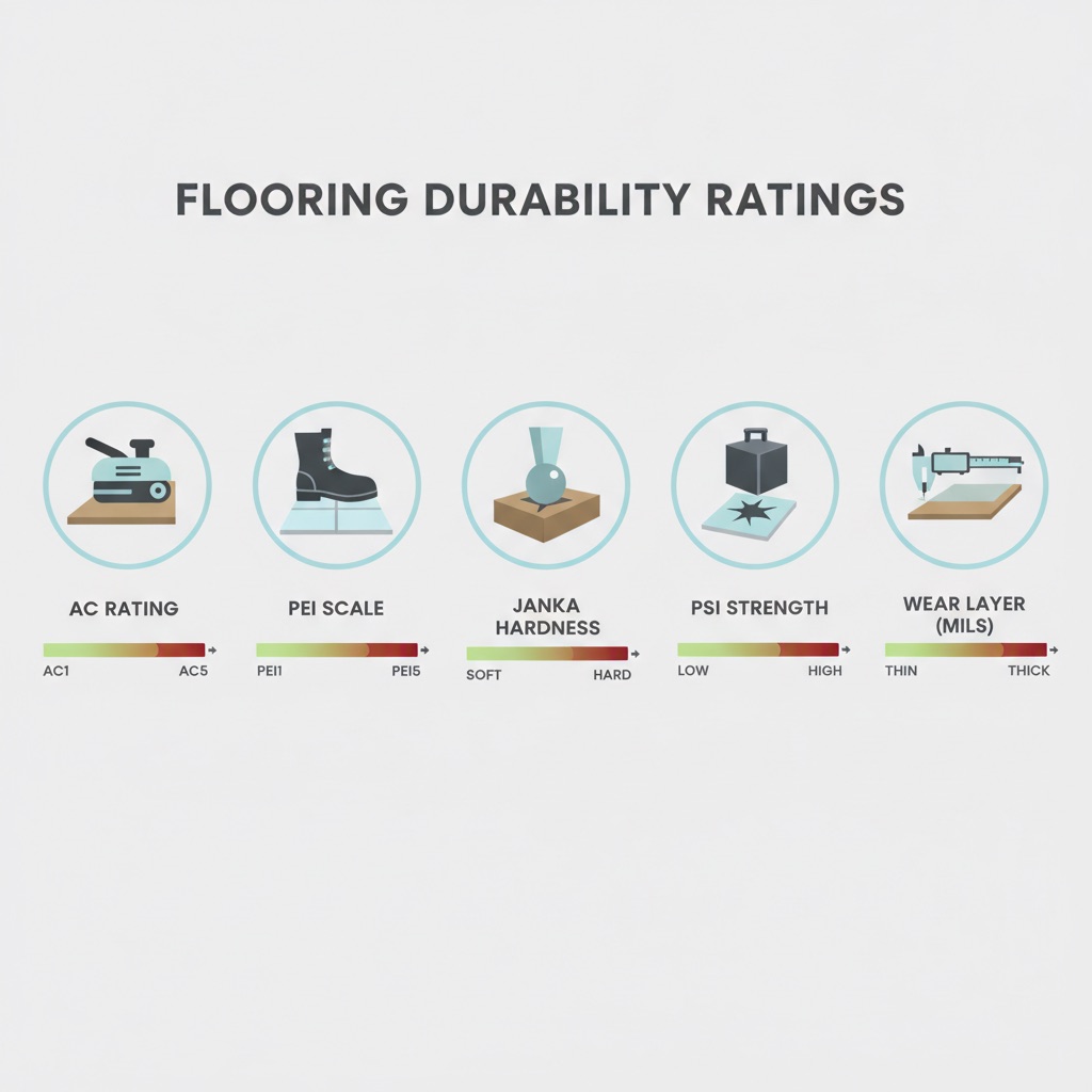 A clean, modern infographic on a light background explaining flooring durability ratings. Feature five distinct icons in a row: a sander for 'AC Rating', a boot on a tile for 'PEI Scale', a steel ball pressing into wood for 'Janka Hardness', a heavy weight for 'PSI Strength', and a caliper measuring a thin layer for 'Wear Layer (Mils)'. Each icon has a clear label and a simple visual representation of its scale.