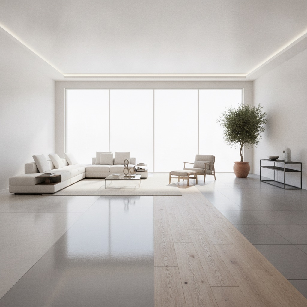 A modern living room with a floor divided into four sections showing different durable materials: polished concrete, epoxy, luxury vinyl plank, and porcelain tile.