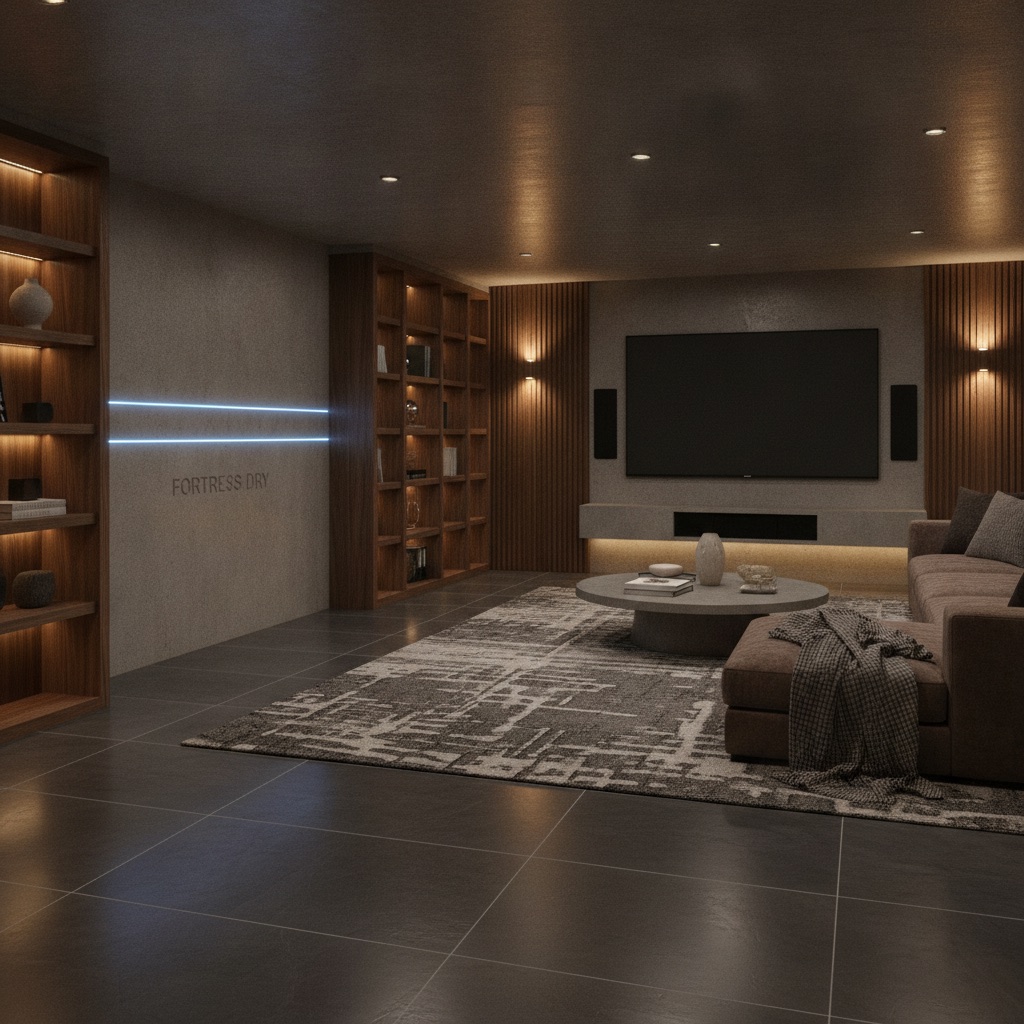A modern, finished basement with sleek, dark slate-look Adamantine flooring, creating a cozy and dry family room environment.
