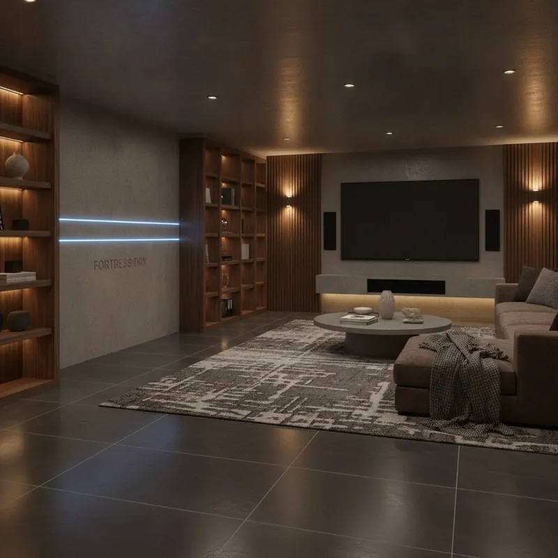 A modern, finished basement with sleek, dark slate-look Adamantine flooring, creating a cozy and dry family room environment.