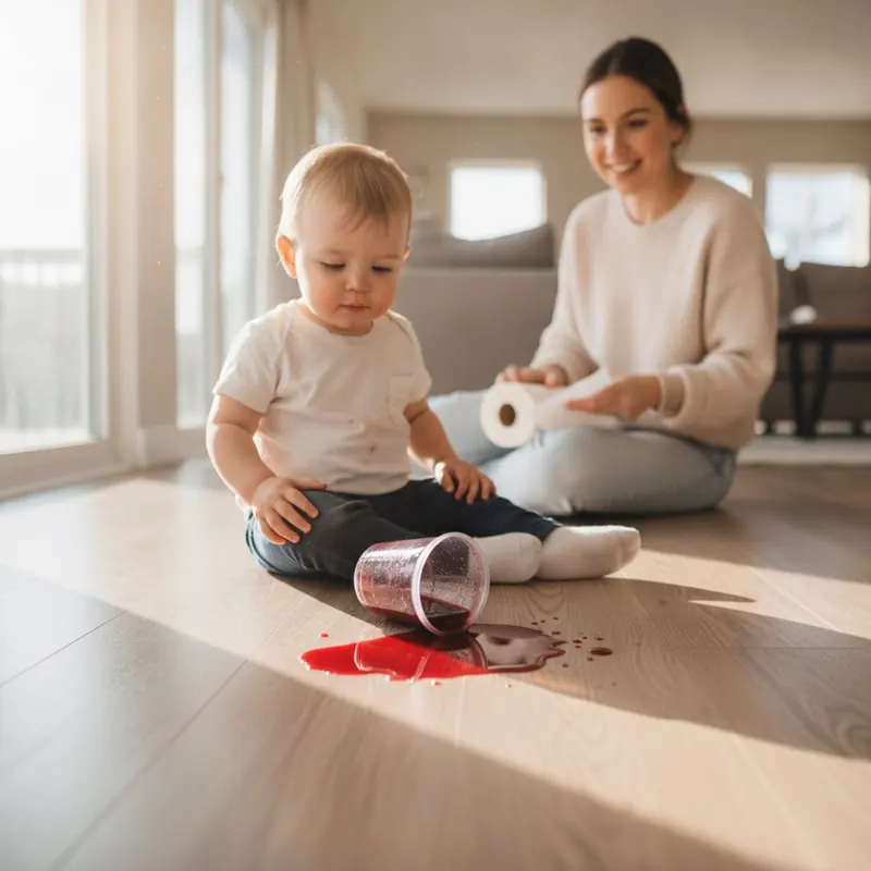 A calm parent approaches a juice spill that has beaded up on a luxury vinyl plank floor, illustrating the floor's waterproof and stress-free nature for families.