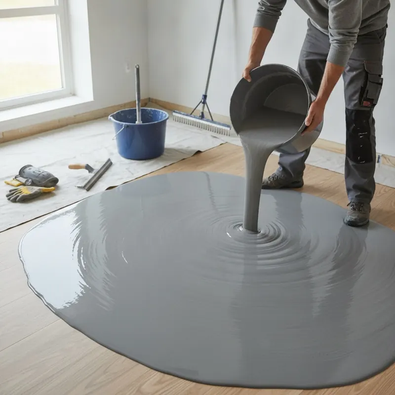 A person pouring self-leveling compound onto a subfloor to create a perfectly flat surface, with a mixing bucket and gauge rake nearby.