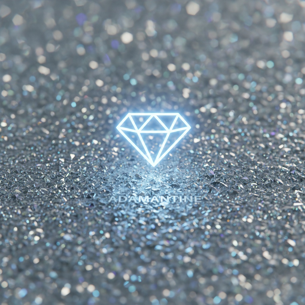 A close-up, highly detailed and photorealistic image of a floor surface, shimmering with a subtle, crystalline, diamond-like texture. A stylized, glowing diamond icon is subtly integrated into or hovering just above the surface, symbolizing its 'adamantine' hardness and unparalleled scratch resistance. The surface appears pristine and indestructible, reflecting light with a luxurious sheen. Focus on texture, light, and a sense of enduring quality.