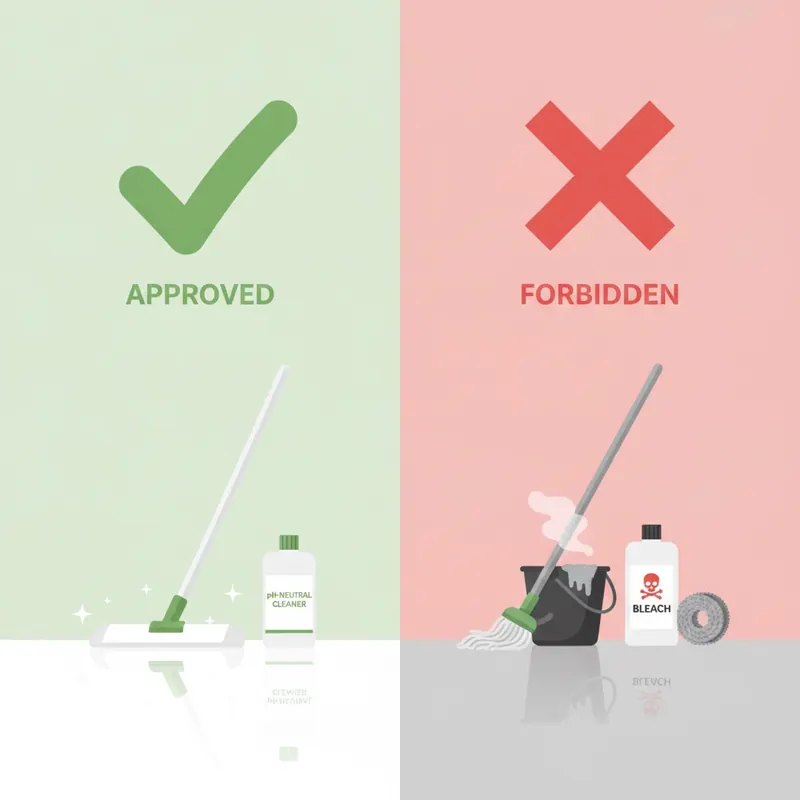 A clean, modern graphic illustration in a flat design style. On the left, a green checkmark hovers over a microfiber mop and a bottle of pH-neutral cleaner on a sparkling floor. On the right, a bold red 'X' is placed over a collection of forbidden items: a steaming mop, a bottle of bleach, and a steel wool pad, all casting a slight shadow on a dull-looking floor. The overall mood is informative, simple, and clear.