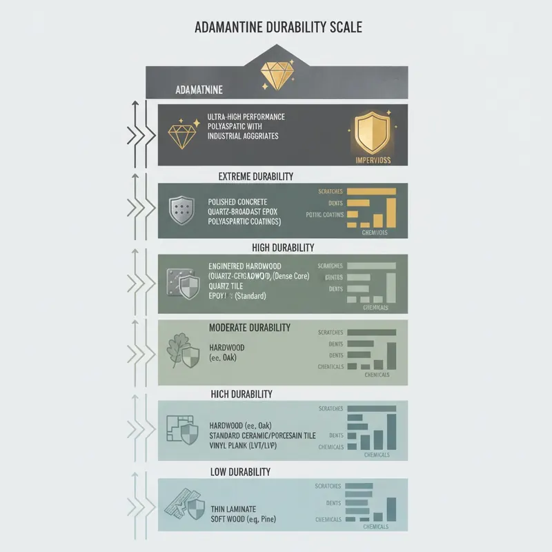 An infographic comparing flooring materials on an 'adamantine' durability scale, from less durable options like laminate and soft wood to highly durable materials like polished concrete and quartz-broadcast epoxy.