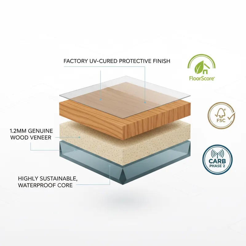 A sophisticated, clean cutaway diagram of Adamantine flooring. Clearly show the distinct layers: a prominent 1.2mm genuine wood veneer on the top surface, a highly sustainable and topically waterproof core beneath it, and a transparent, protective factory UV-cured finish as the outermost layer. Around the diagram, display three distinct and recognizable certification badges: FloorScore, CARB Phase 2, and FSC, integrated cleanly into the design with a modern, infographic aesthetic.