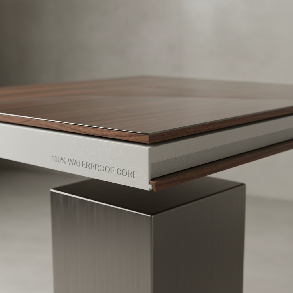 Product shot of an Adamantine flooring plank showing its layered construction with real wood veneer, aluminum oxide finish, and waterproof rigid core.