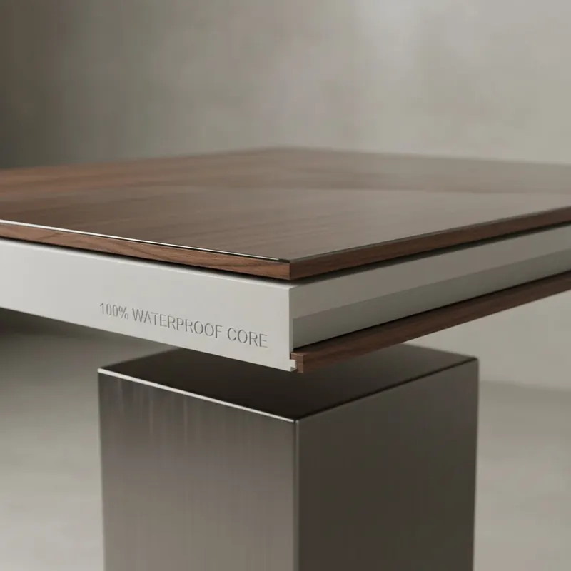 Product shot of an Adamantine flooring plank showing its layered construction with real wood veneer, aluminum oxide finish, and waterproof rigid core.