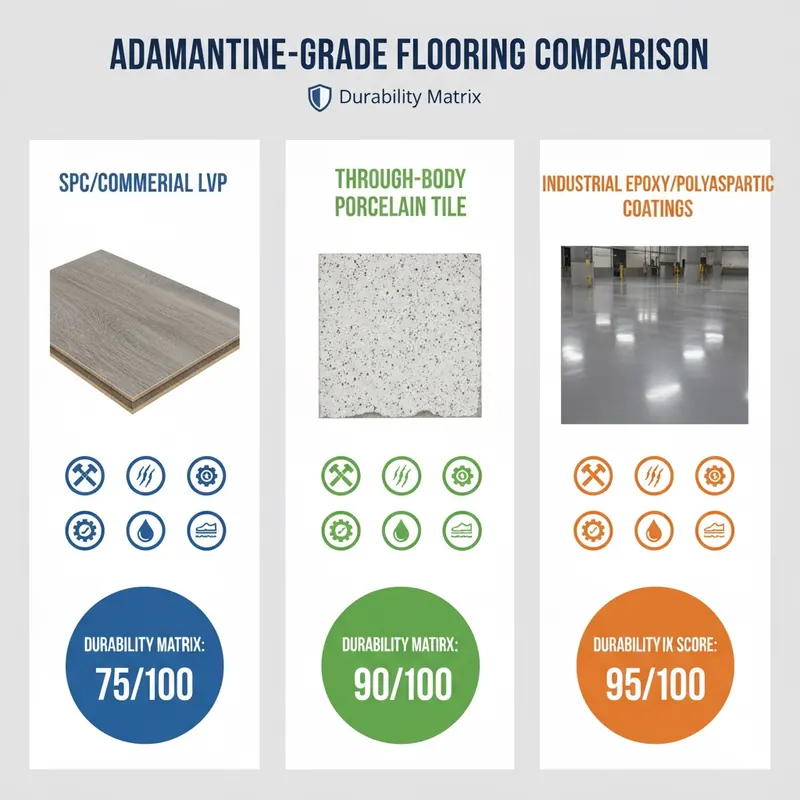 An infographic comparing SPC/LVP, Through-Body Porcelain Tile, and Industrial Coatings, highlighting their durability scores and resistance to scratches, dents, and water.