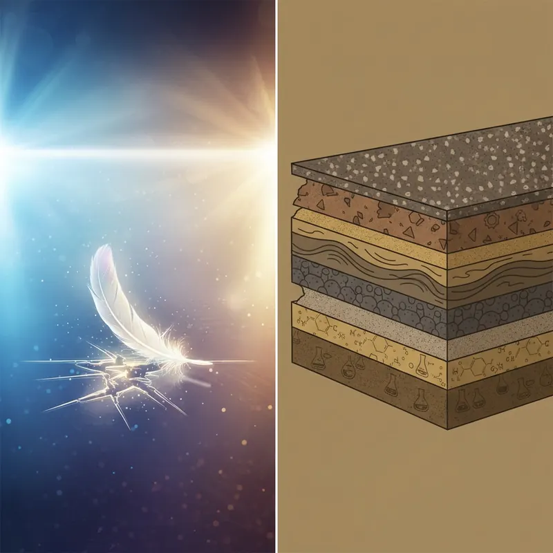 A dynamic, split-panel illustration. The left panel depicts a shimmering, almost magical floor surface with a single, superficial scratch from a feather, representing exaggerated marketing claims. The right panel shows a detailed cross-section of a floor with multiple, clearly defined engineered layers (subfloor, bonding agents, high-performance resins, aggregate), with gears and scientific symbols subtly integrated, representing true structural integrity and complex engineering.