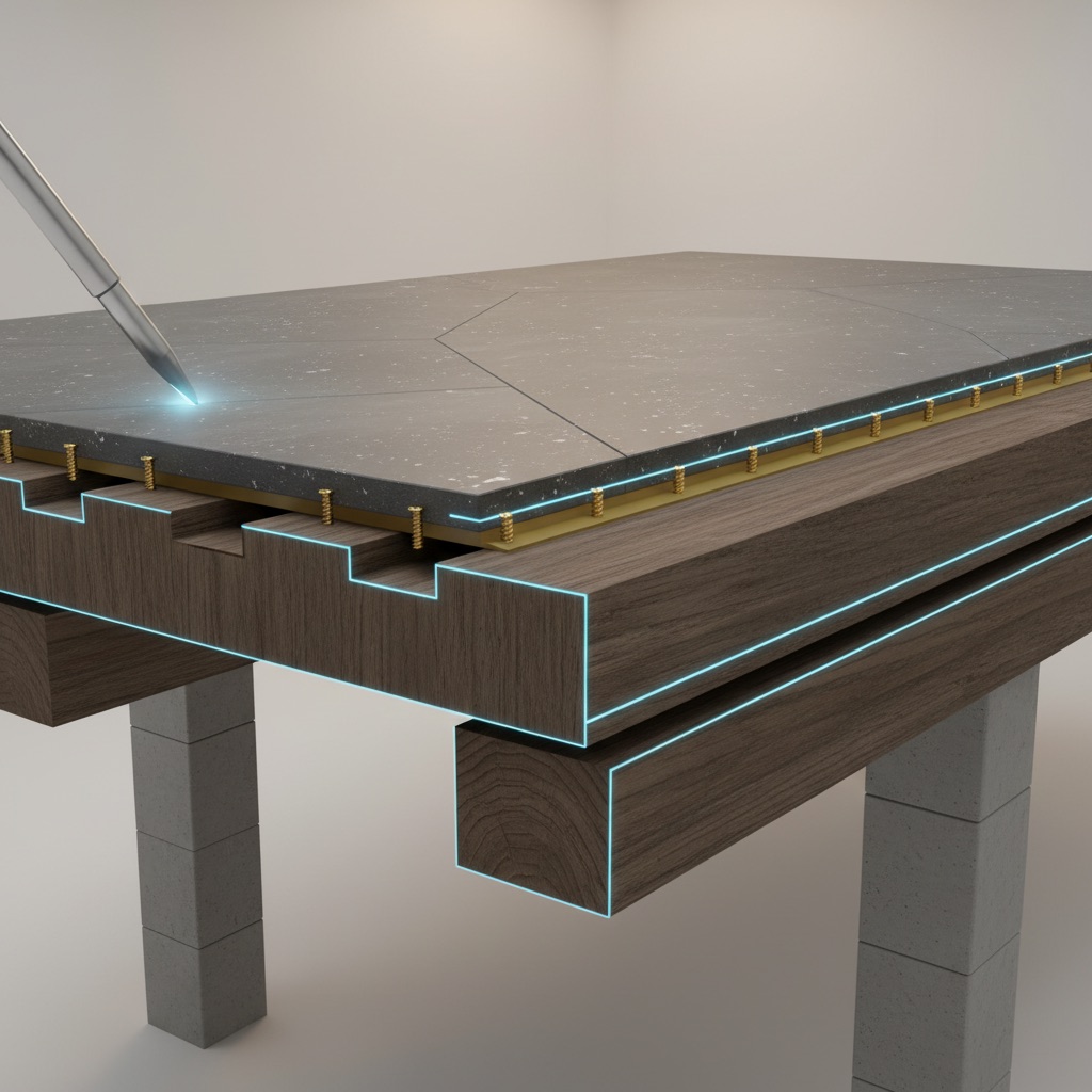 3D render of a cross-section of an adamantine floor installation showing sintered stone on a reinforced engineered subfloor and sistered joists.