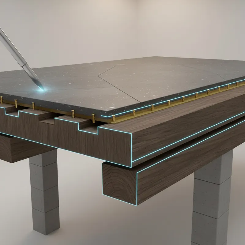 3D render of a cross-section of an adamantine floor installation showing sintered stone on a reinforced engineered subfloor and sistered joists.