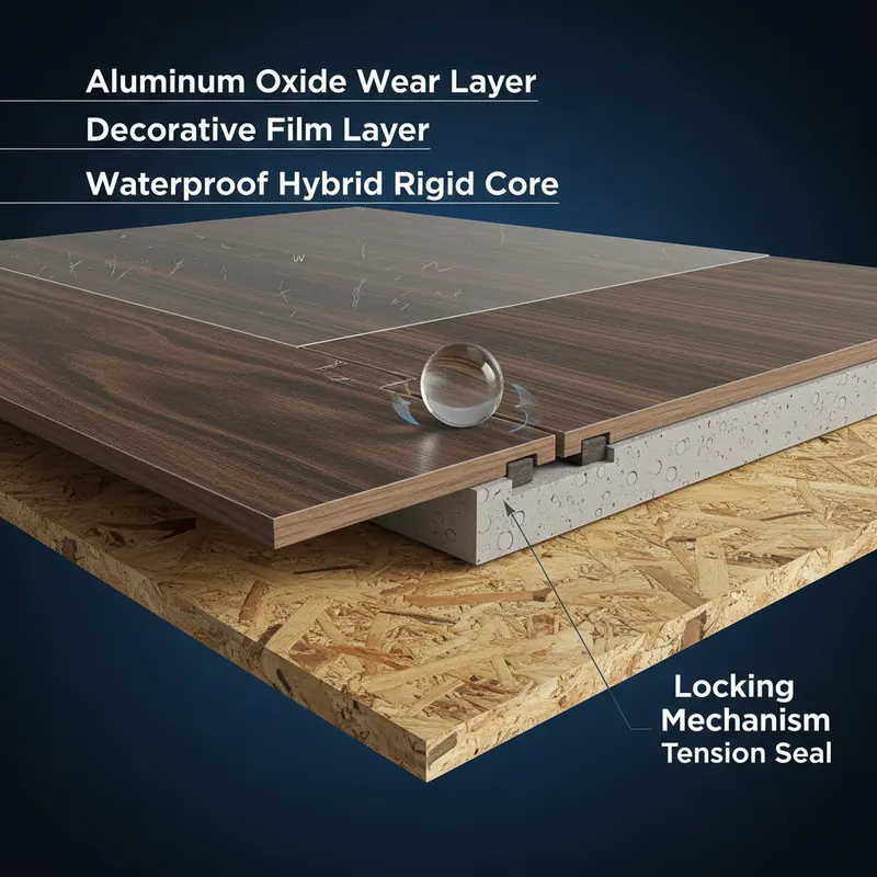 A magnified cross-section of Adamantine flooring showing its aluminum oxide wear layer, decorative film, waterproof hybrid rigid core, and precision-milled locking mechanism, with water being repelled at the seam.