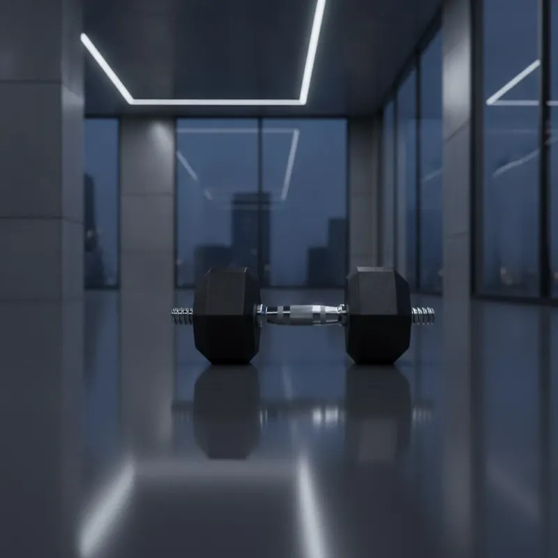 A heavy dumbbell rests on a pristine, unscratched, polished dark epoxy floor, illustrating the ultimate strength of adamantine flooring.