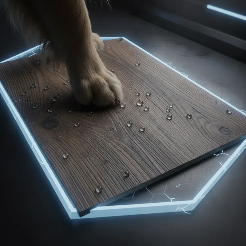 A macro shot of a luxury vinyl plank with a dog's paw resting on it and water beading on the surface, representing its waterproof and scratch-resistant qualities.