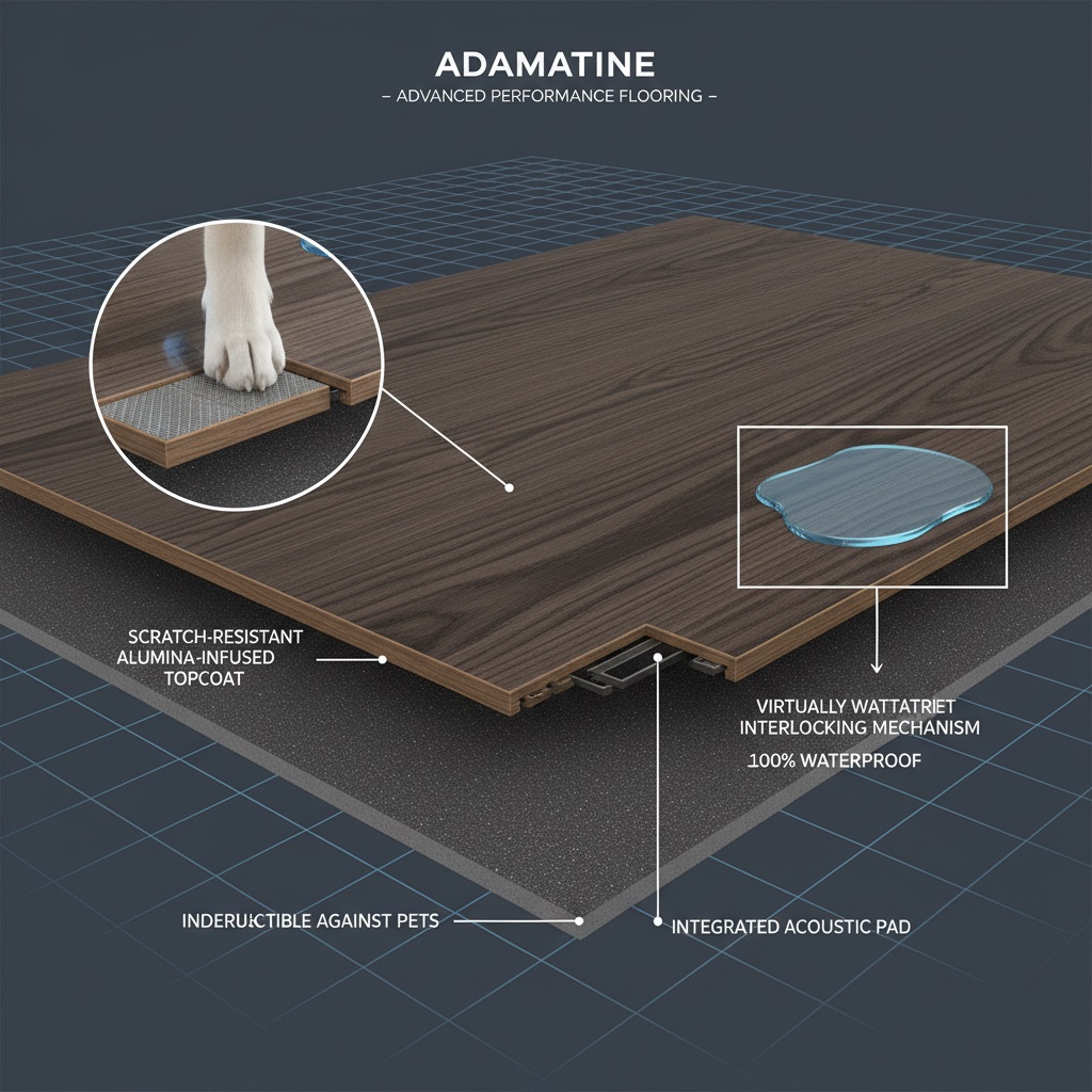 3D render of Adamantine flooring showing a dog's nail failing to scratch the surface and water pooling without seeping, demonstrating scratch and waterproof resilience.