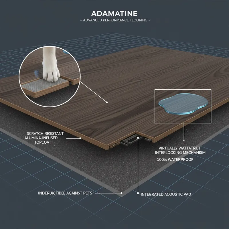 3D render of Adamantine flooring showing a dog's nail failing to scratch the surface and water pooling without seeping, demonstrating scratch and waterproof resilience.