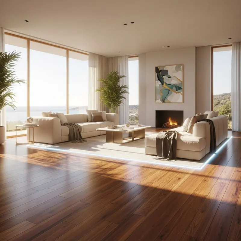 A luxurious, sun-drenched living room with floor-to-ceiling windows. The flooring is a beautiful, wood-look Adamantine material, appearing perfectly pristine and vibrant despite intense, direct sunlight streaming across it. The room should convey elegance and durability, with the floor as the focal point, showcasing its resistance to fading and warping. A subtle, almost imperceptible glow or 'shield' effect around the floor could symbolize its advanced protection.