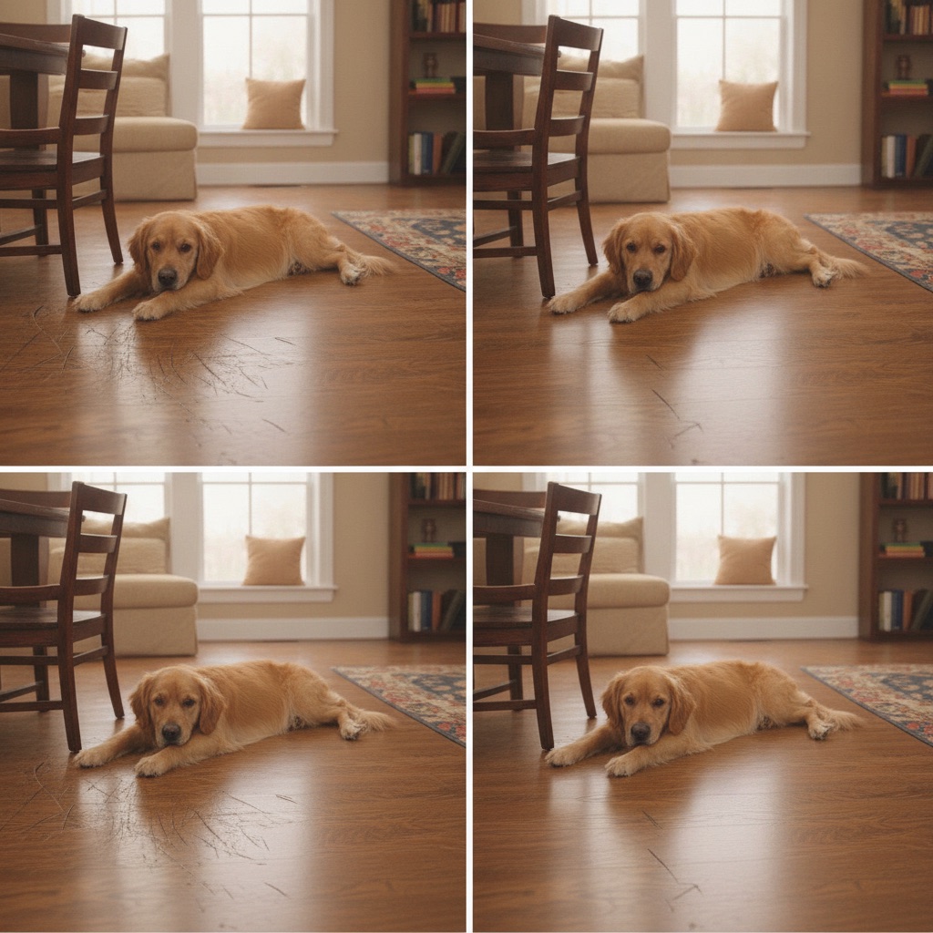Side-by-side comparison showing a hardwood floor with scratches from a dog and chair, next to a pristine Adamantine floor under the same conditions, demonstrating its scratch resistance.