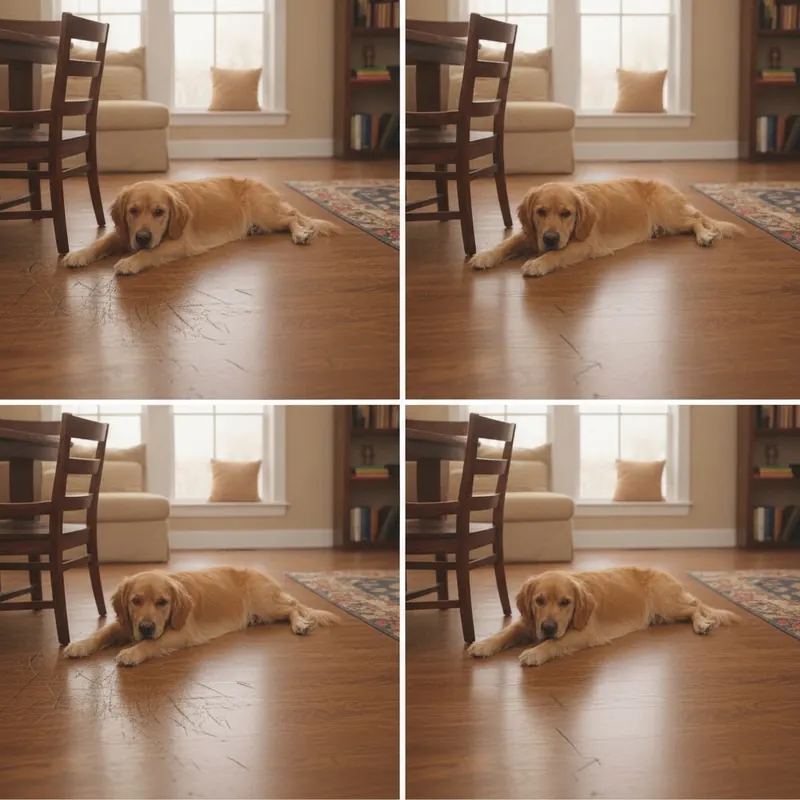 Side-by-side comparison showing a hardwood floor with scratches from a dog and chair, next to a pristine Adamantine floor under the same conditions, demonstrating its scratch resistance.