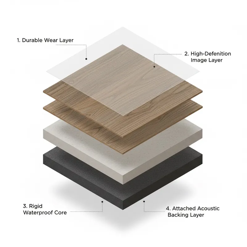 A detailed, exploded isometric diagram showing the four distinct layers of Adamantine Luxury Vinyl Plank (LVP) flooring. Clearly label each layer: 1. Durable Wear Layer (top, transparent), 2. High-Definition Image Layer (wood grain or stone pattern), 3. Rigid Waterproof Core (thick, solid), and 4. Attached Acoustic Backing Layer (bottom, soft, textured, slightly thicker). The layers should be slightly separated to show their individual components.