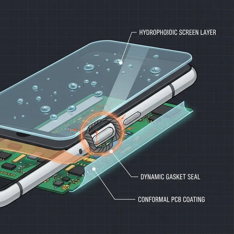 A detailed cutaway diagram of a modern electronic device showing three distinct layers of Adamantine protection: an outer hydrophobic shell, a kinetic gasket system, and an internal conformal coating on the PCB.