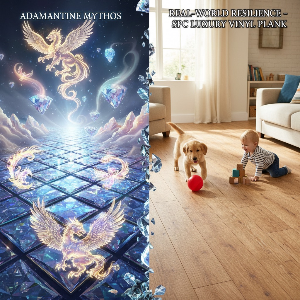 A dynamic split-image illustration contrasting mythical adamantine flooring with realistic, durable SPC Luxury Vinyl Plank in a modern setting.