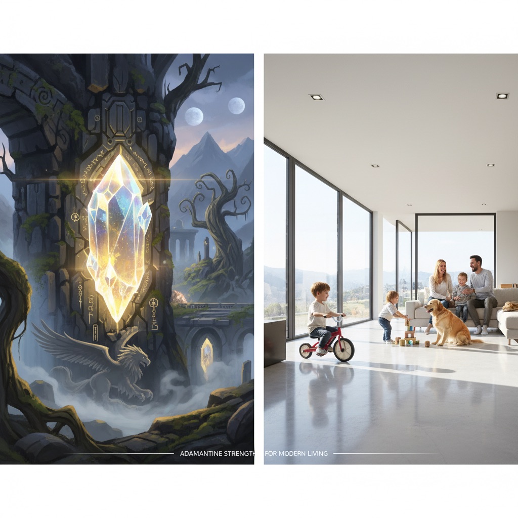 Adamantine: Myth vs. Modern Durability - Split panel showing mythical adamantine on left and modern durable flooring in a home on right.