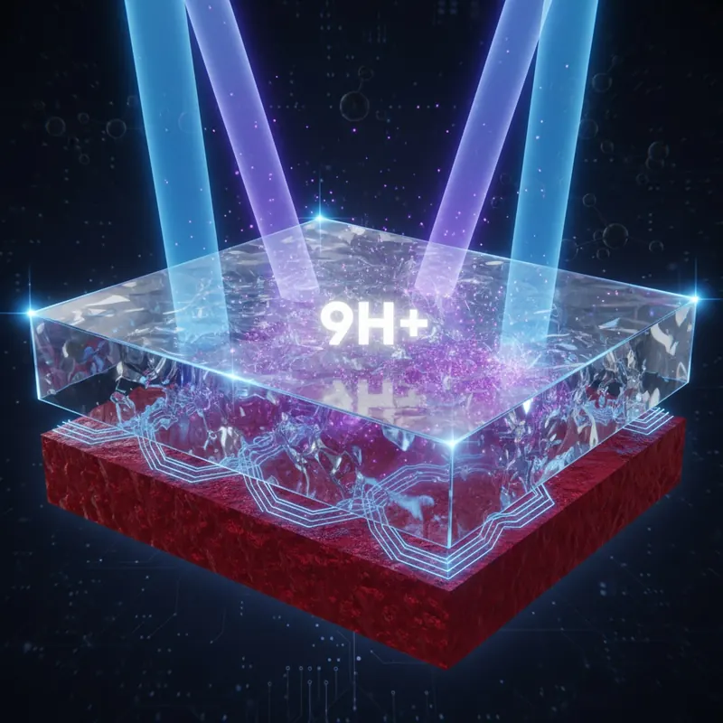 A highly detailed, cross-section microscopic view of a protected surface. The bottom layer is the underlying substrate (e.g., automotive paint or wood). Above it, a dense, transparent, and incredibly hard 'Adamantine' nanocoating layer is visible, forming a strong, permanent covalent bond with the substrate. This Adamantine layer is actively deflecting and blocking 99.9% of incoming UV rays, represented by bright light rays bouncing off or being absorbed within the coating, with only a tiny fraction penetrating. Show a subtle '9H+' hardness rating icon embedded in the coating.