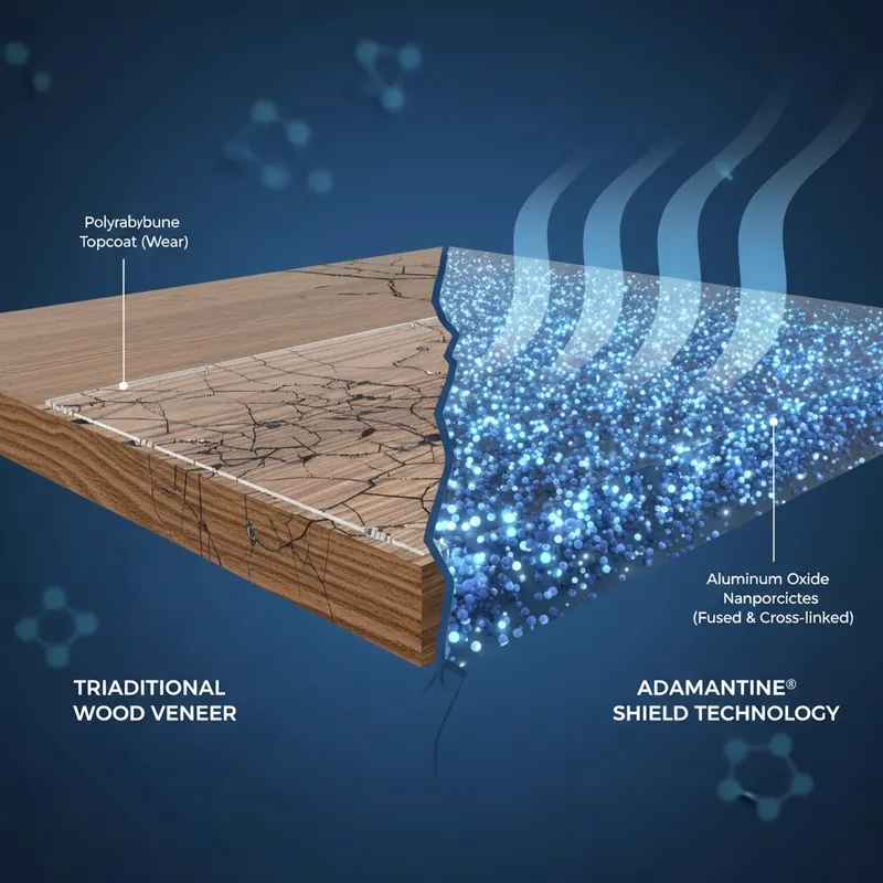 A detailed, microscopic cross-section illustration of two floor surfaces. On the left, a traditional wood veneer with a thin, clear polyurethane topcoat showing fine cracks and wear. On the right, a magnified view of Adamantine flooring, showcasing a dense, integrated wear layer where glowing aluminum oxide nanoparticles are visibly fused and cross-linked into the surface, creating an impenetrable, sapphire-hard shield. Subtle UV light rays illuminate the Adamantine surface.