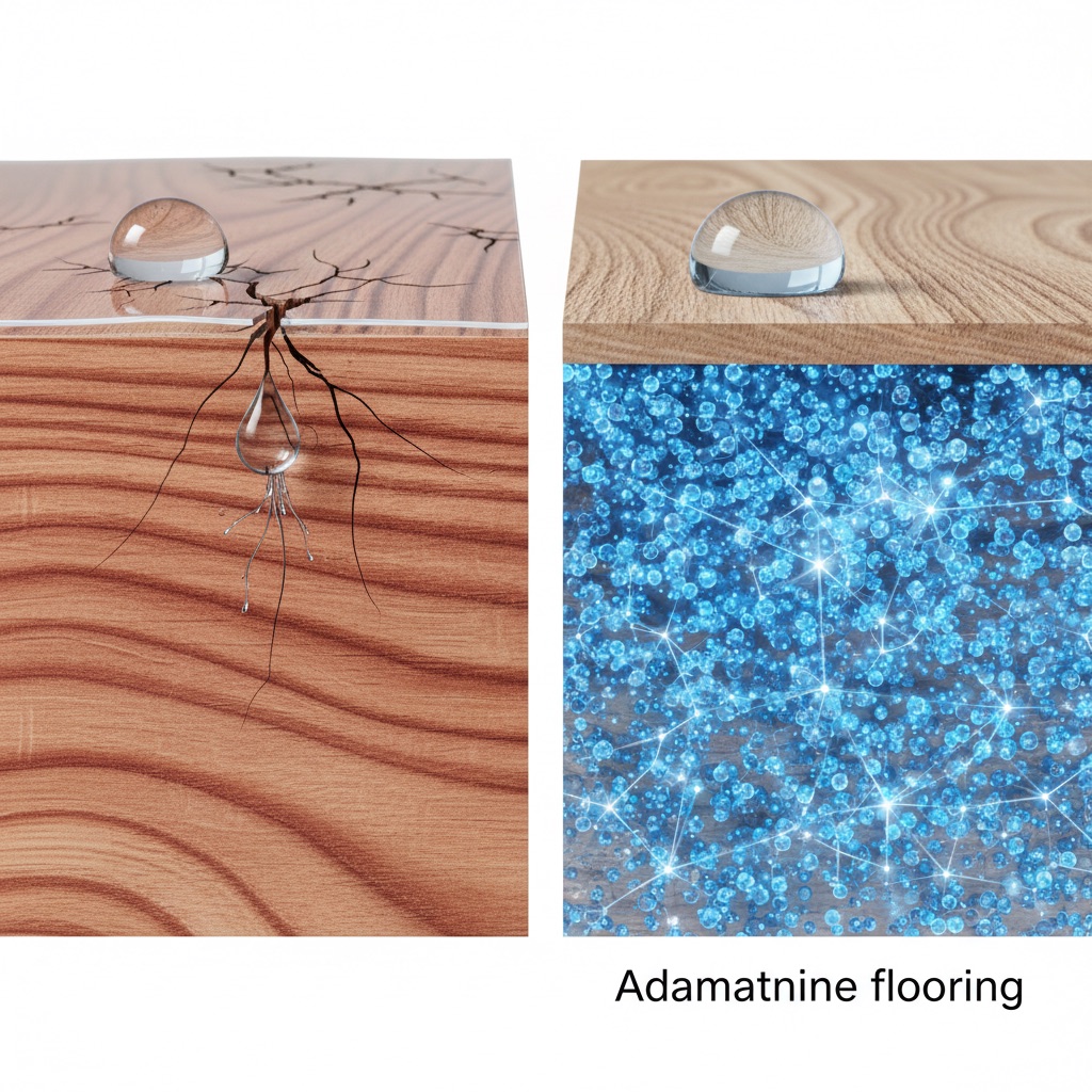 A microscopic, abstract illustration comparing two cross-sections of wood flooring. The left side shows a traditional wood plank with a thin, topical polyurethane coating, visibly cracked or scratched, allowing a droplet of water to penetrate to the raw wood fibers. The right side shows an 'Adamantine flooring' plank with aluminum oxide nanoparticles deeply embedded and cross-linked within the wood's cellular structure, forming an impenetrable, gemstone-hard barrier against a water droplet.