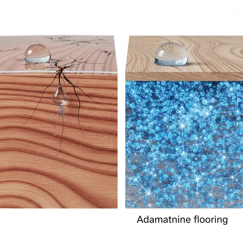 A microscopic, abstract illustration comparing two cross-sections of wood flooring. The left side shows a traditional wood plank with a thin, topical polyurethane coating, visibly cracked or scratched, allowing a droplet of water to penetrate to the raw wood fibers. The right side shows an 'Adamantine flooring' plank with aluminum oxide nanoparticles deeply embedded and cross-linked within the wood's cellular structure, forming an impenetrable, gemstone-hard barrier against a water droplet.