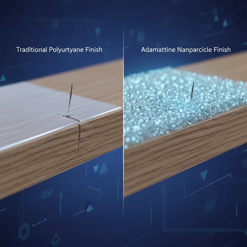A close-up, microscopic view illustration comparing two wood surface finishes. Left side: 'Traditional Polyurethane Finish' - a wood grain with a thin, clear layer on top, showing a tiny scratch or dent easily penetrating the surface. Right side: 'Adamantine Nanoparticle Finish' - the same wood grain, but with a thicker, integrated layer embedded with glowing, microscopic aluminum oxide nanoparticles, showing a similar impact being repelled or absorbed without damage. Include a subtle glow around the nanoparticles.