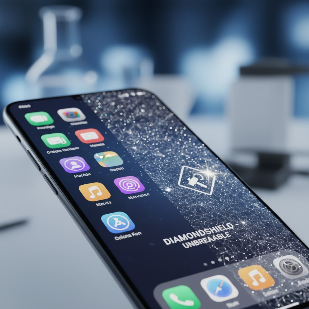 A macro shot of a smartphone screen, with one half showing a normal screen and the other half revealing a diamond-integrated layer, demonstrating Adamantine Optics' unbreakable protection against impact.