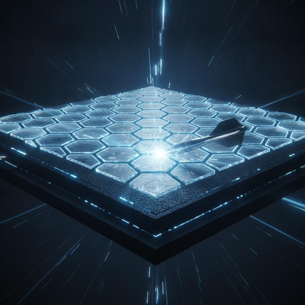 Abstract 3D render of a protective adamantine shield on a floor surface, showing a glowing hexagonal lattice deflecting a sharp object.